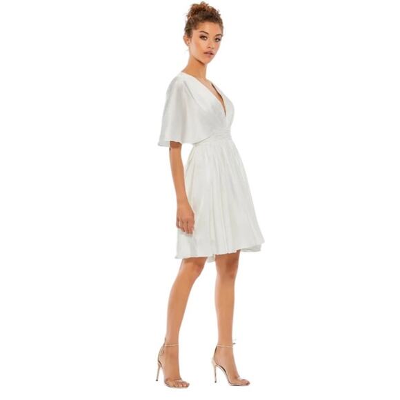 Mac Duggal NEW Size 4 White Satin Flowy SS Flutter Sleeve Mini Dress 26605 - Picture 3 of 8